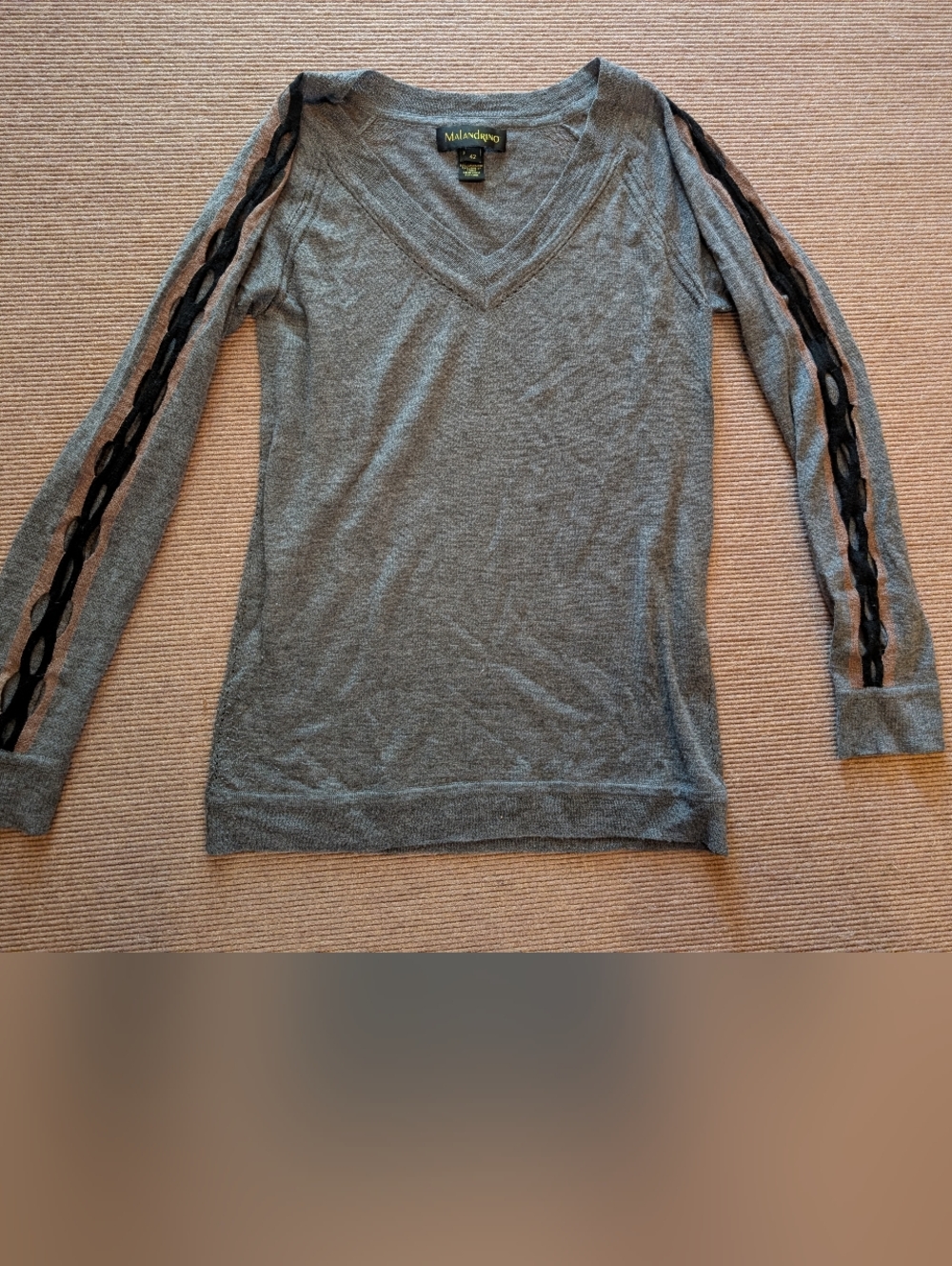 Gray V-Neck Sweater with Cut out Trim Sleeves